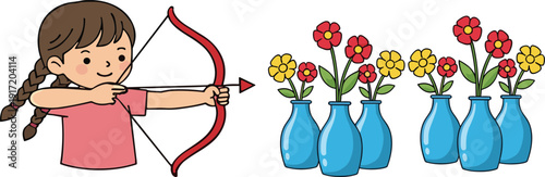 Cute girl shooting bow and arrow aiming flowers in vase cartoon vector illustration playful activity concept
