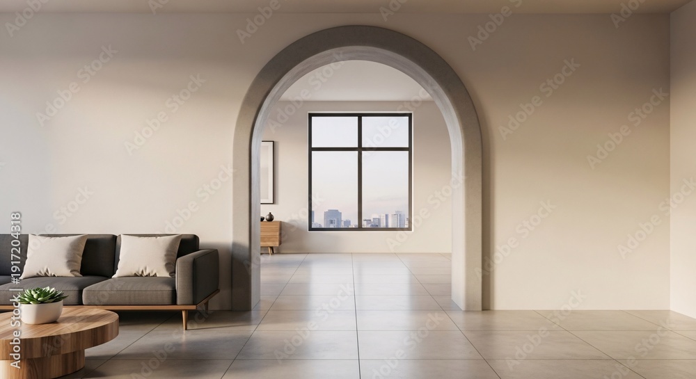 Fototapeta premium Modern interior with archway and city view through window