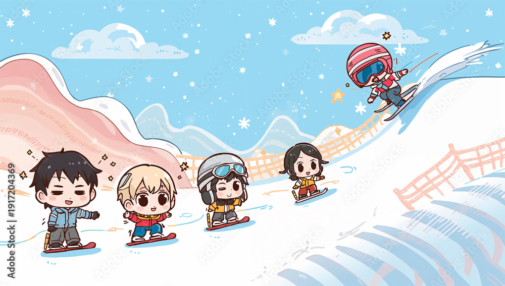 Obraz premium チビキャラの漫画調で日本人が雪遊びするポップなゲレンデ