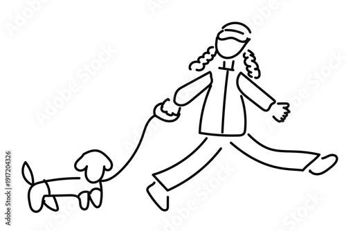 犬の散歩をする女性のゆるかわいい線画イラスト