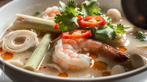 Close up of a flavorful seafood soup with vibrant ingredients and detailed presentation