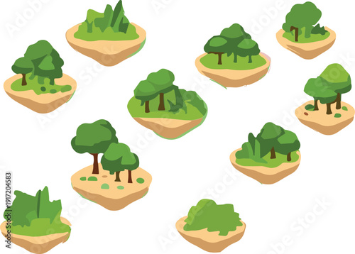 Floating island forest collection vector illustration with cartoon trees landscape isolated nature design set