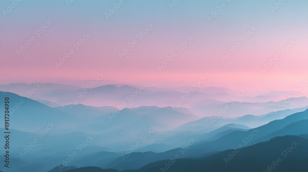 Fototapeta premium Misty Mountain Landscape at Dawn with Pastel Sky Hues.