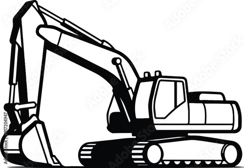 Excavator machine operating at construction site, heavy machinery in action, industrial landscape viewed from the side
