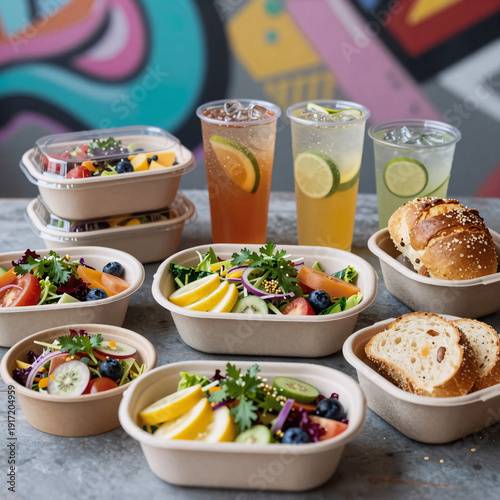 street art, takeaway food and drinks in eco-friendly paper containers