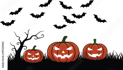 Halloween pumpkin jack o lantern with bats and spooky tree cartoon vector illustration night scene