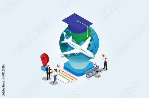 Modern Isometric Global education student exchange, isometric composition with earth globe academic hat and human characters of students vector illustration