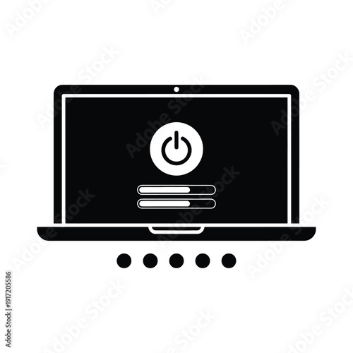 Black laptop icon with power button and loading bar isolated on transparent background