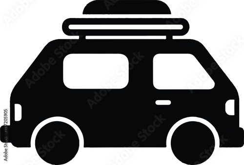 A black van with a roof rack is viewed from the side on a white background