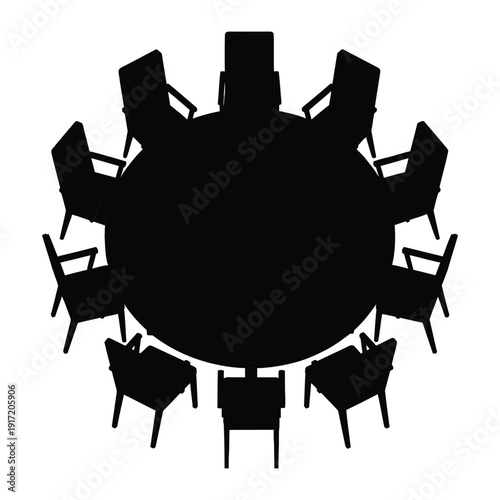Silhouette of people sitting around a round table in meeting, isolated on white background.