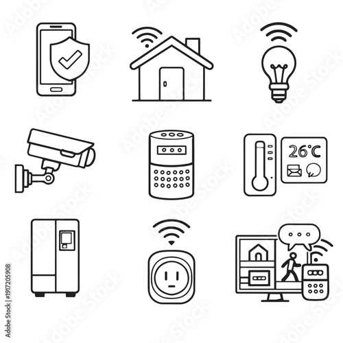 Smartphone house light bulb security camera smart speaker thermostat refrigerator smart plug and smart home control system icons represent modern smart home technology and connectivity