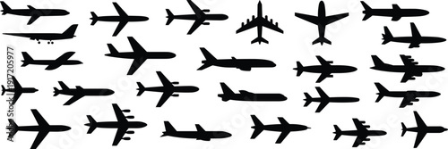 Collection of twenty‑five black airplane silhouette illustrations arranged in grid pattern, showcasing diverse aircraft types including commercial jets, military planes, and smaller aviation designs.
