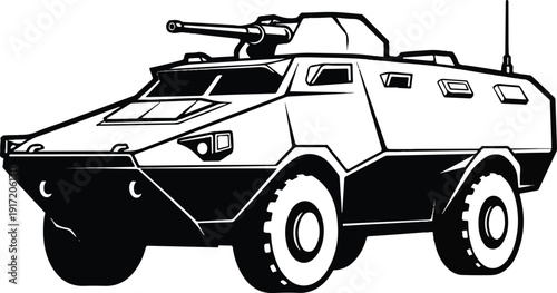 Armored Vehicle Illustration Featuring Military Transport with Cannon and Antenna in Vector Format