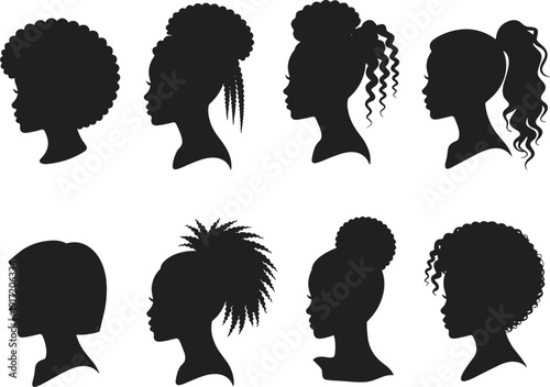 Collection of female head silhouettes with diverse hairstyles, afro, braids, curls, ponytail, bob, bun, and cultural hair designs, black vector illustration for fashion projects