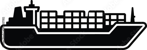 A cargo ship carrying containers is depicted in a simple illustration from a side viewpoint
