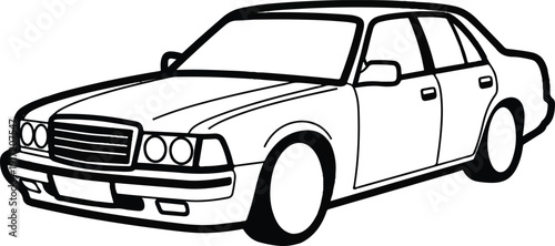 Vintage Car Illustration Featuring a Classic Sedan from a Three-Quarter Front View