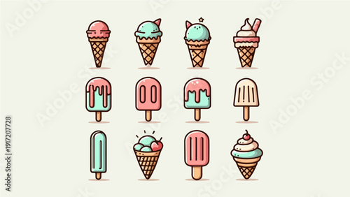 Set of colorful ice cream cones and sweet frozen dessert vector illustration collection