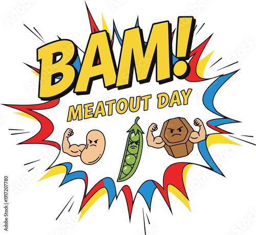 BAM! Celebrate Meatout Day with Vibrant Plant-Based Icons in Comic Style