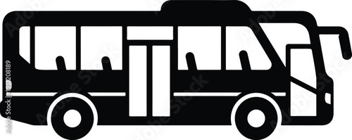 A black silhouette of a city bus viewed from the side with an open door