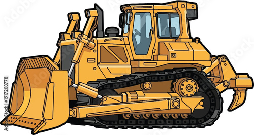 Heavy machinery bulldozer operating on construction site, viewed from the side, displaying industrial equipment in action