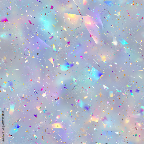 a seamless pattern of holographic confetti on a grey background, with light pastel colors and soft, blurred details.