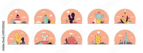 Collection of 10 cactus illustrations. Flat vector concept.