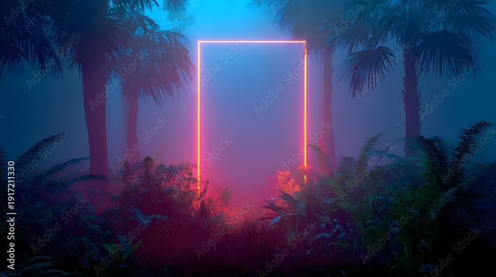 Fototapeta premium Neon Glow in a Mystical Jungle - A Vibrant Portal Amidst Tropical Foliage.