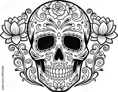 Intricate Day of the Dead Sugar Skull Vector Illustration with Decorative Floral Ornaments and Roses Isolated on White Background for Mexican Holiday Calavera Design