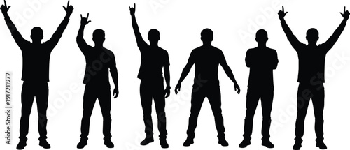 Vector Silhouettes of Men in Different Poses, Set of Icons Featuring Success, Celebration, Rock Hand Signs, and Confident Standing Postures