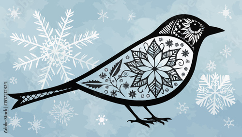 Winter bird with intricate snowflake design on body