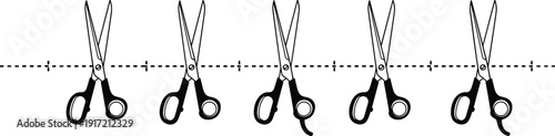 Row of Scissors Cutting Along Dashed Line Vector Illustration Isolated on White Background for Coupon Vouchers DIY Crafts Tailoring Sewing and Manual Paper Crafting