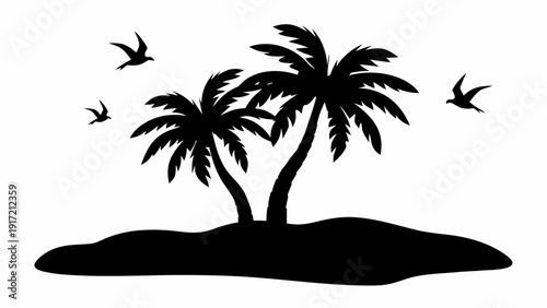 Serene tropical island with palm trees and flying birds