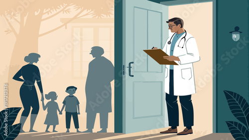 Doctor welcoming family to medical office with clipboard in hand