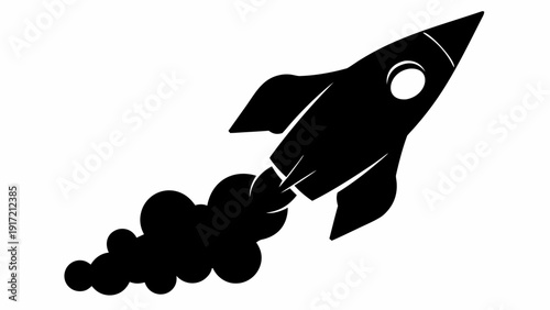 Black rocket ship launching into the sky with smoke