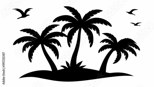 Serene tropical island landscape with palm trees and flying birds