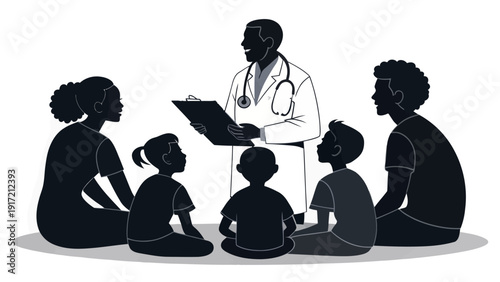 Doctor consulting with diverse family in a healthcare setting