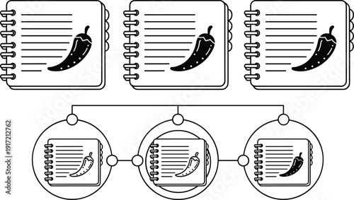Spicy Recipe Book Flowchart Vector Illustration with Chili Pepper Icons on Spiral Notebooks Organized in a Creative Process Diagram for Culinary App and Cooking Blog