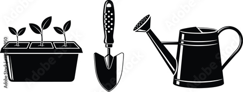 Gardening Tool Set Vector Featuring Seedling Tray, Hand Trowel, and Watering Can for Spring Planting, Horticulture, Farming, and Home Garden Branding