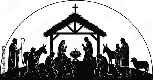 Traditional Christmas Nativity Scene Silhouette with Baby Jesus Mary Joseph Three Wise Men and Shepherds in Stable Vector Illustration for Religious Holiday Greeting Card