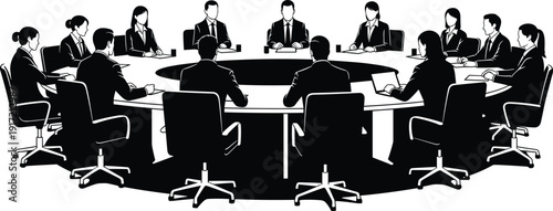 Professional Business Executives Silhouette Sitting Around Large Round Table for Corporate Board Meeting Leadership Conference and International Team Collaboration Concept Isolated on White Background