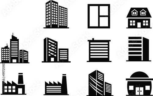 Urban Architecture Building Icon Set Featuring Skyscrapers Modern Offices Residential Houses Factories and Commercial Storefronts for Real Estate Development City Planning and Web Design