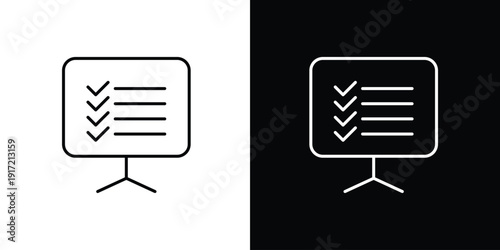 Sleek outline icon of a presentation board with a checklist, symbolizing successful task completion, project planning, and business achievement strategy