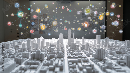 白い都市模型の上に住宅や価格アイコンが投影されエリア分析と立地比較を表現する人物なしコンセプト