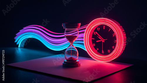紙の切り絵ネオン時計と砂時計の組み合わせ、手作り立体で描く時間の光跡背景