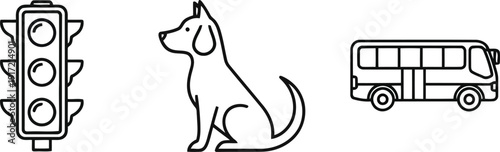 Traffic light dog bus icons set line art simple clean design isolated symbols vector illustration vector