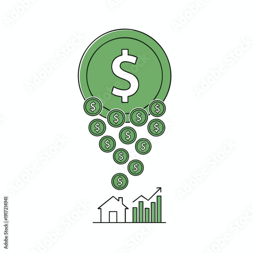 Dollar Coins Falling on Houses and Growth Chart