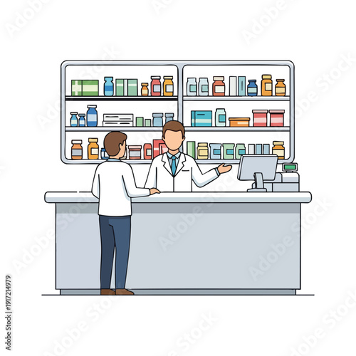 Pharmacist Assisting Customer at Pharmacy Counter