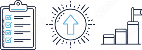 Goals achievement checklist success growth progress podium ranking achievement concept icons set vector