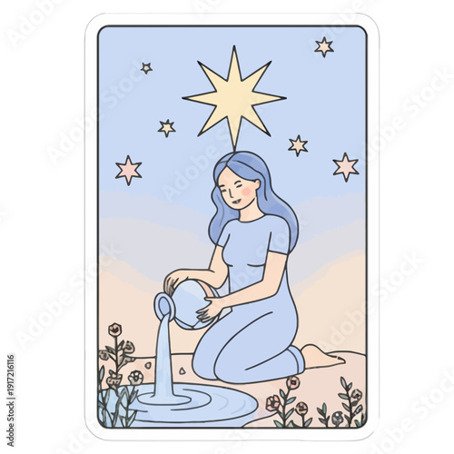 Tarot Card “The Star” Soft Pastel Colors Sticker Illustration | Cute Pastel “The Star” Tarot Card Digital Art | Whimsical Kawaii Tarot Card Illustration | Soft Color “The Star” Mystical Sticker 