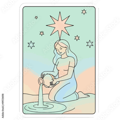 Tarot Card “The Star” Soft Pastel Colors Sticker Illustration | Cute Pastel “The Star” Tarot Card Digital Art | Whimsical Kawaii Tarot Card Illustration | Soft Color “The Star” Mystical Sticker 